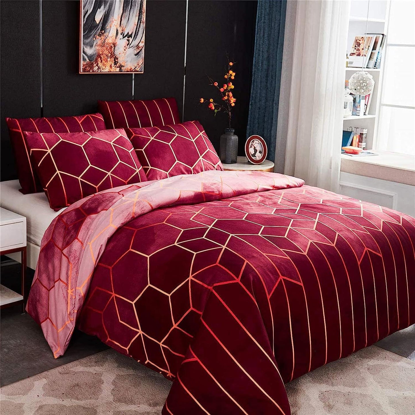 Geometric Print Duvet Cover - 3 Piece Red Ombre Bedding Set Quilt cover 230x230cm-Pillow cover 51x76cm