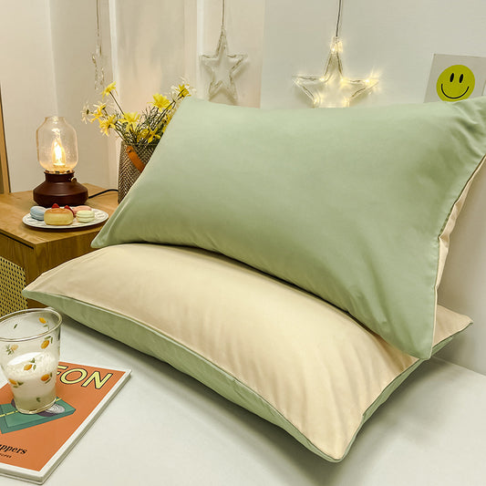 Green And Yellow Washed Cotton Pillowcase Set - Solid Color, Simple Two-Tone Design, 48x74cm (Pair)