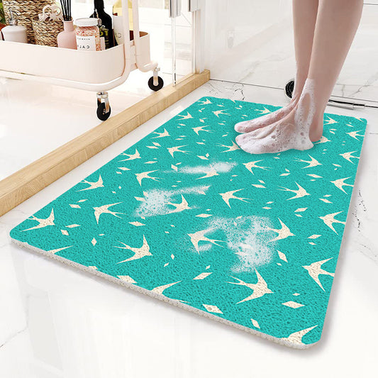 Teal Flying Bird Pattern  PVC Non-Slip Bath Mat 45x75cm - Shower Drain Hole Design, Soft & Quick-Dry Bathroom Rug