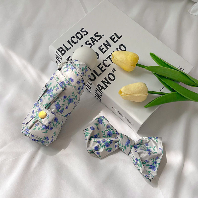Blue Floral Mini 5-Fold Umbrella - Portable, Anti-UV, Black Glue Coating