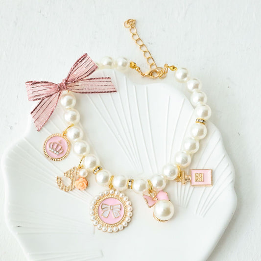 Pink 4-PCS Pearl Charm Pet Necklace - Adjustable Bowknot Collar for Small Dogs & Cats (S: 20+5CM)