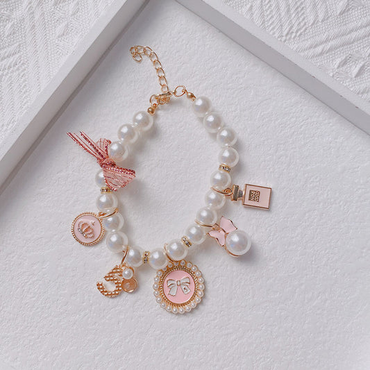 Pink 4-PCS Pearl Charm Pet Necklace - Adjustable Bowknot Collar for Small Dogs & Cats (M: 25+5CM)