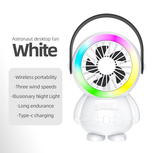 White Astronaut Portable Fan - USB Rechargeable Desk Fan with RGB Night Light