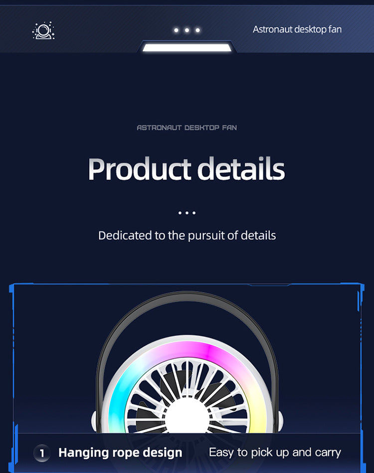 White Astronaut Portable Fan - USB Rechargeable Desk Fan with RGB Night Light