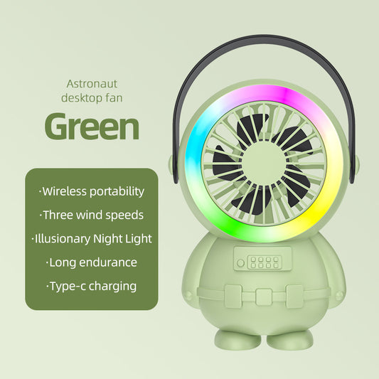 Green Astronaut Portable Fan - USB Rechargeable Desk Fan with RGB Night Light