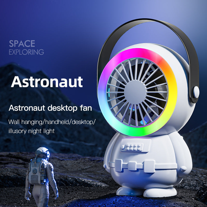 Green Astronaut Portable Fan - USB Rechargeable Desk Fan with RGB Night Light