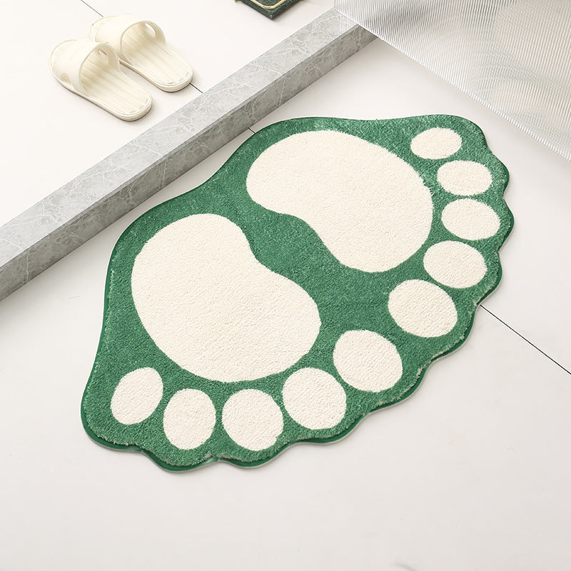 2 Pcs Green And White Foot-Shaped Plush Bath Mat - Non-Slip Absorbent Bathroom Rug for Bedroom and Doorway (50x80cm)