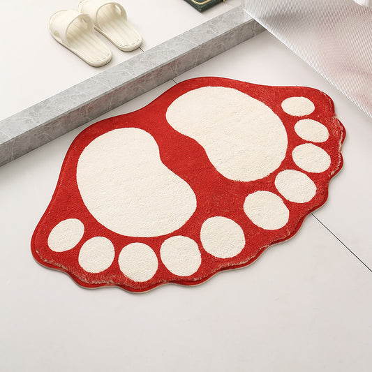 2 Pcs Red And White Foot-Shaped Plush Bath Mat - Non-Slip Absorbent Bathroom Rug for Bedroom and Doorway (50x80cm)