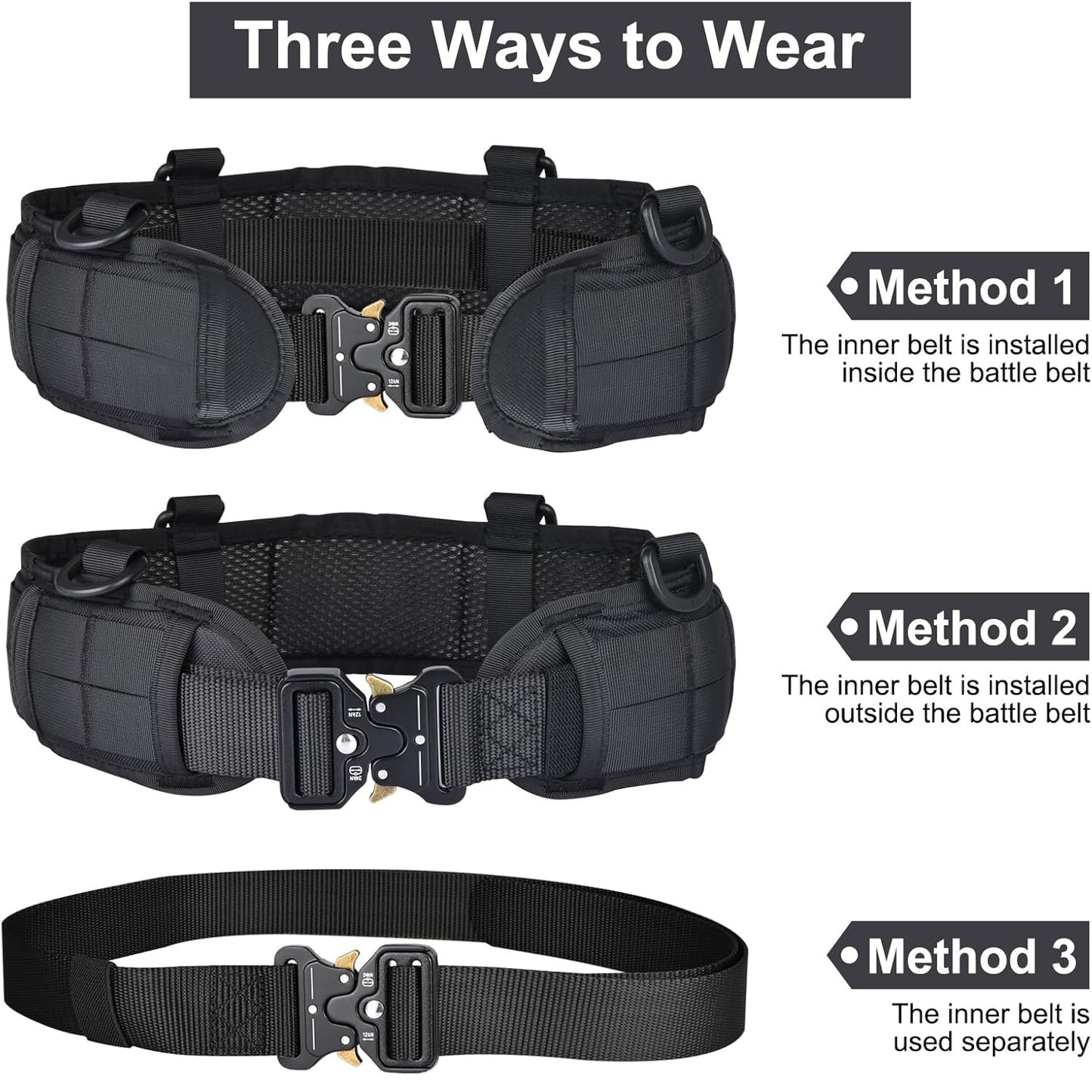 Black Adjustable Tactical Battle Belt Set - Padded MOLLE Outer & Nylon Inner Belt