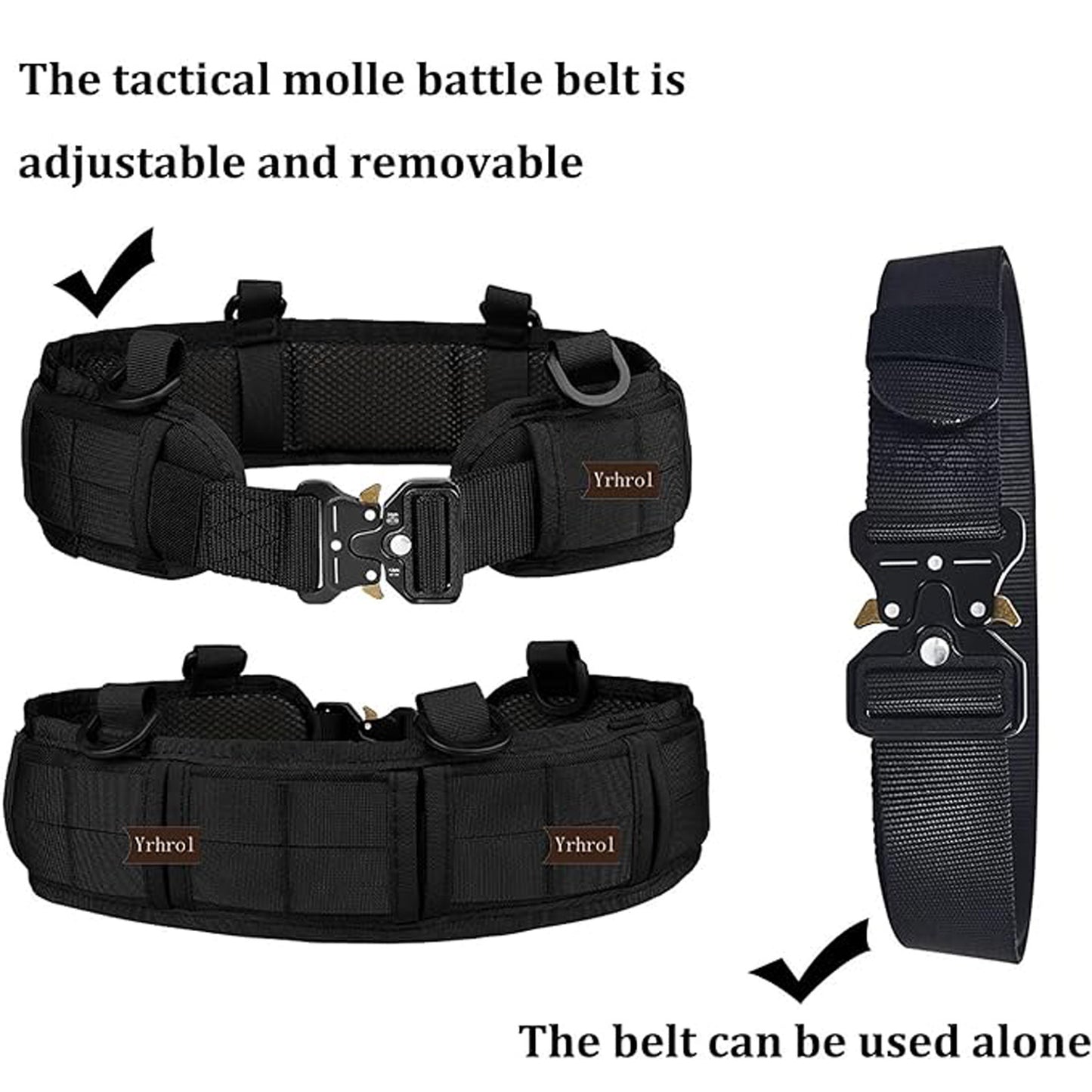Black Adjustable Tactical Battle Belt Set - Padded MOLLE Outer & Nylon Inner Belt