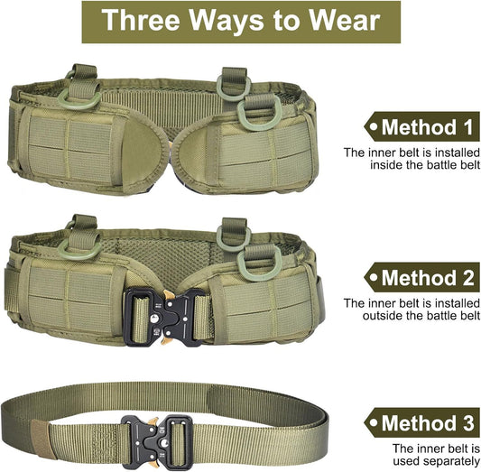 Green Adjustable Tactical Battle Belt Set - Padded MOLLE Outer & Nylon Inner Belt