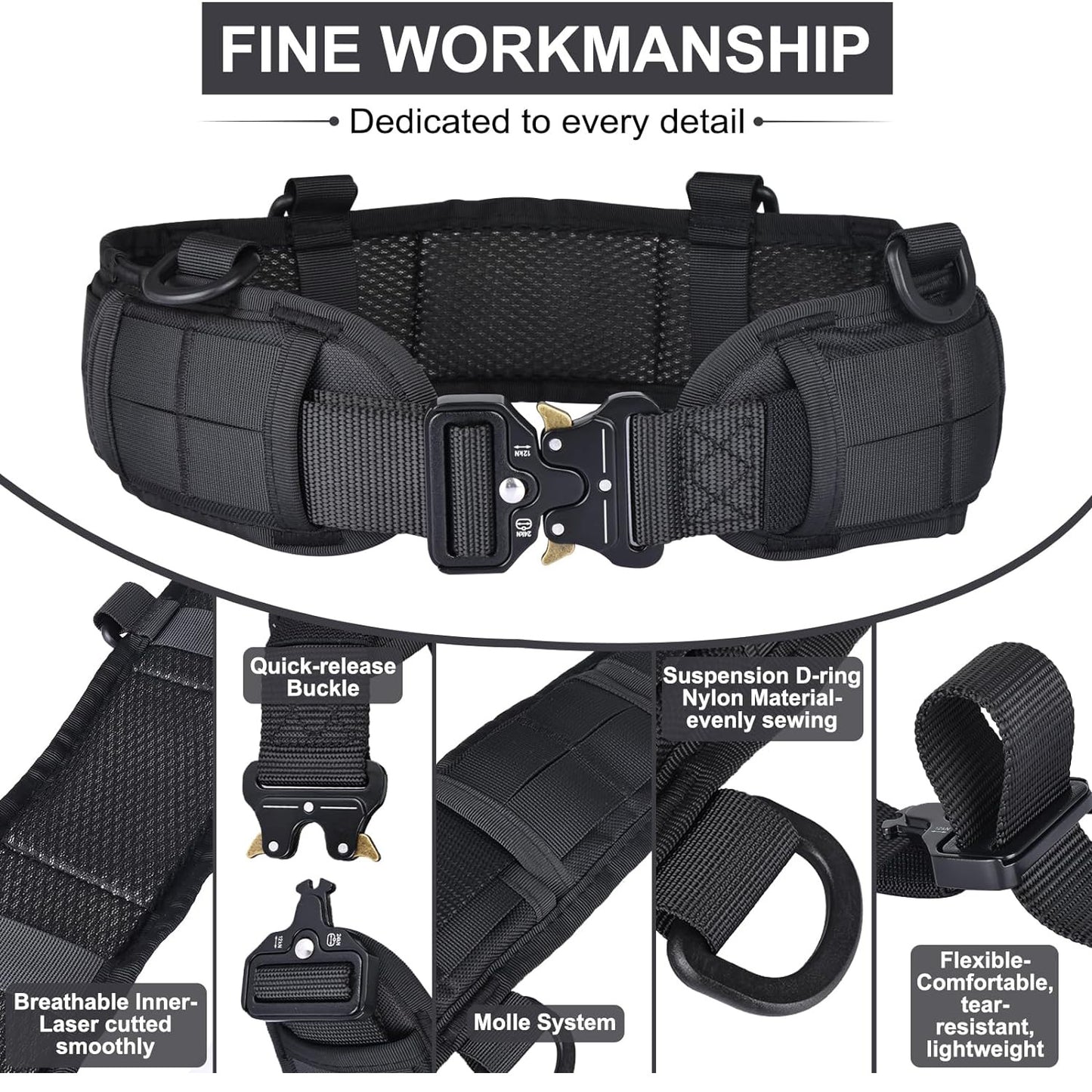 Khaki Adjustable Tactical Battle Belt Set - Padded MOLLE Outer & Nylon Inner Belt