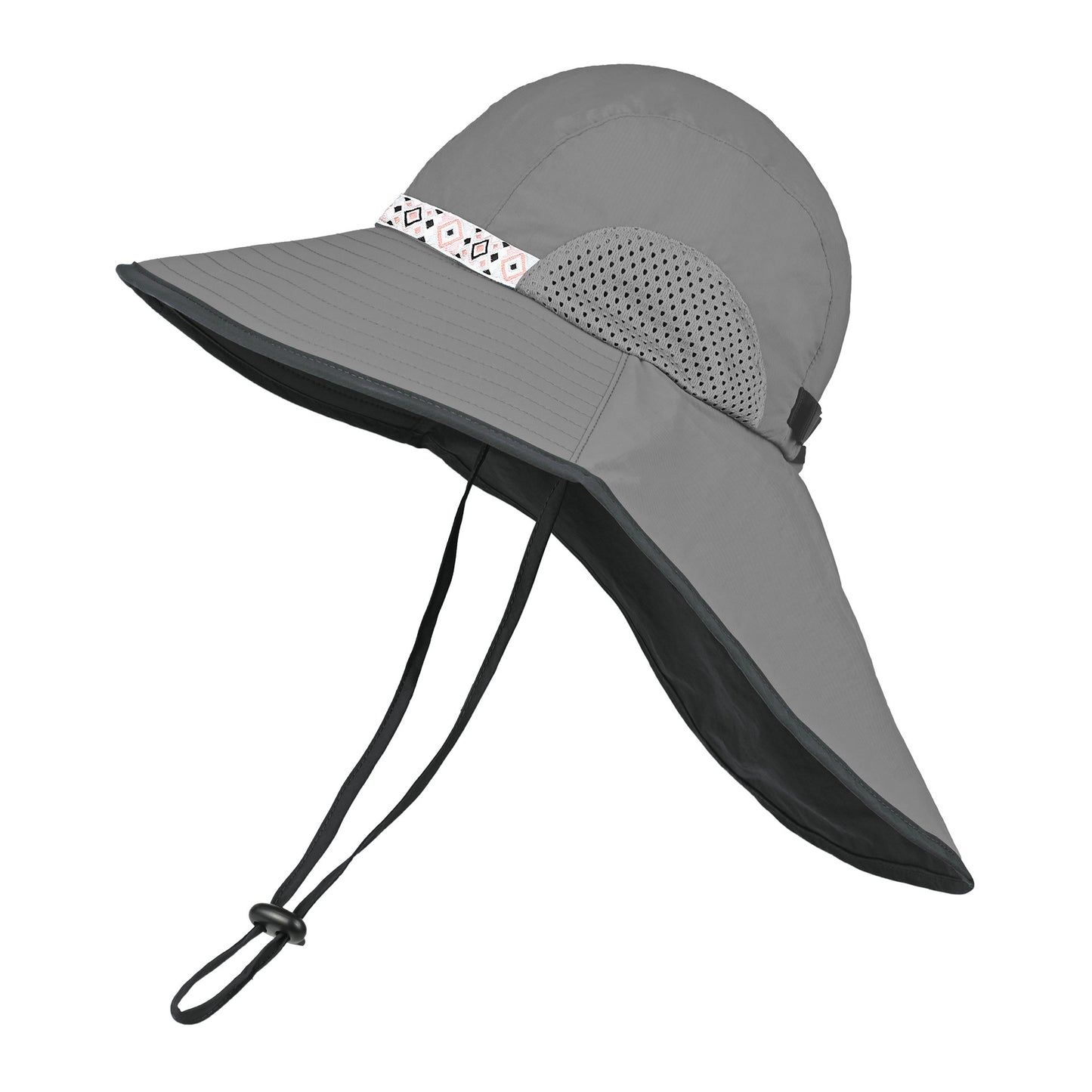 Grey Wide Brim Sun Hat with Cape - Foldable UV Protection - 10cm Brim