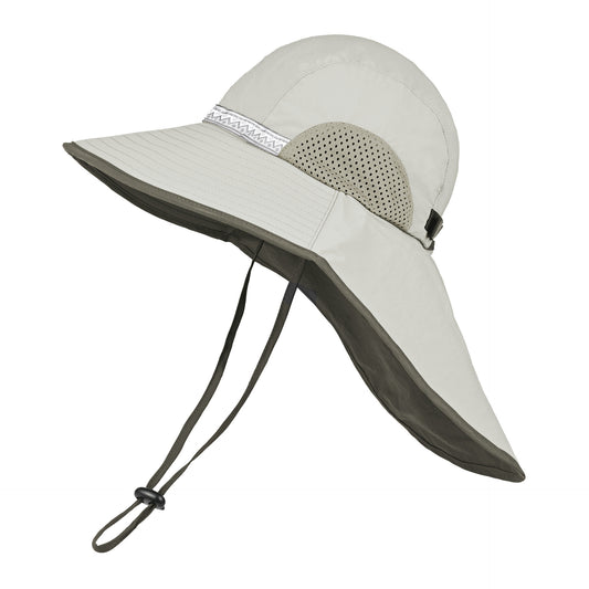 Beige (Beige webbing) Wide Brim Sun Hat with Cape - Foldable UV Protection - 10cm Brim