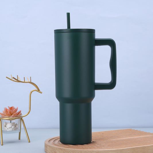 Dark Green 40oz Stainless Steel Tumbler with Handle & Straw - Large Capacity Car Cup