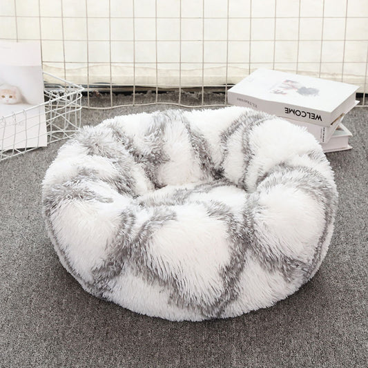 Grey-white 50cm Cozy Round Pet Bed - Plush Cat & Dog Bed with Non-Slip Base, Machine Washable