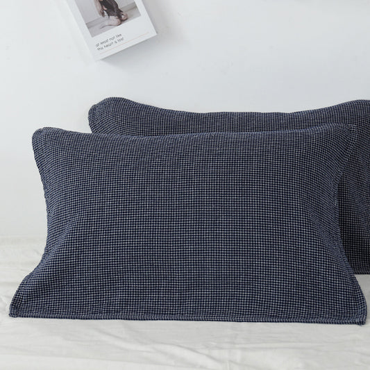 Dark Blue Breathable 4-Layer Cotton Gauze Pillow Towel Pair - Japanese Style Grid (52x75cm)