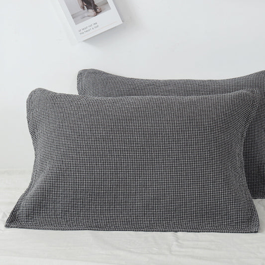 Grey Breathable 4-Layer Cotton Gauze Pillow Towel Pair - Japanese Style Grid (52x75cm)