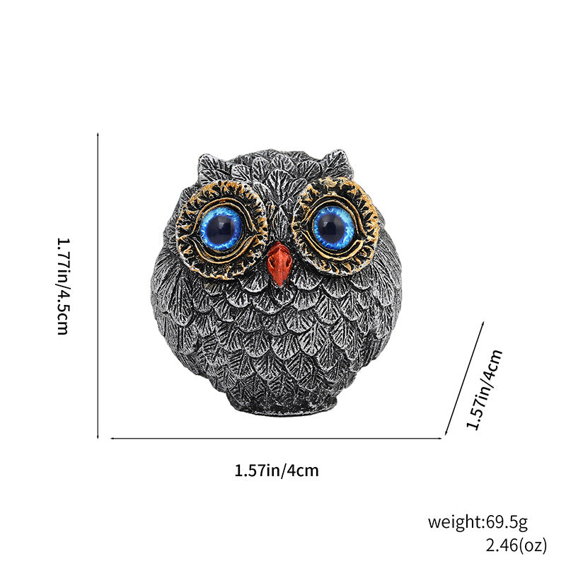 3Pcs Blue Small Decorative Resin Owl Figurine - Textured Statue with Blue Eyes