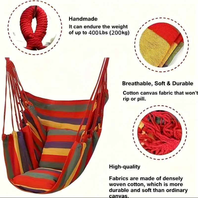 Colorful Striped Hammock Chair with Ropes and Storage Bag - White