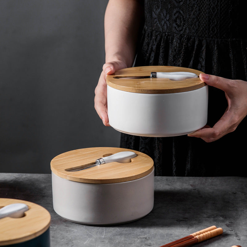 Gray Nordic Ceramic Butter Dish with Knife - Airtight Cheese Container with Bamboo Lid, Kitchen Storage