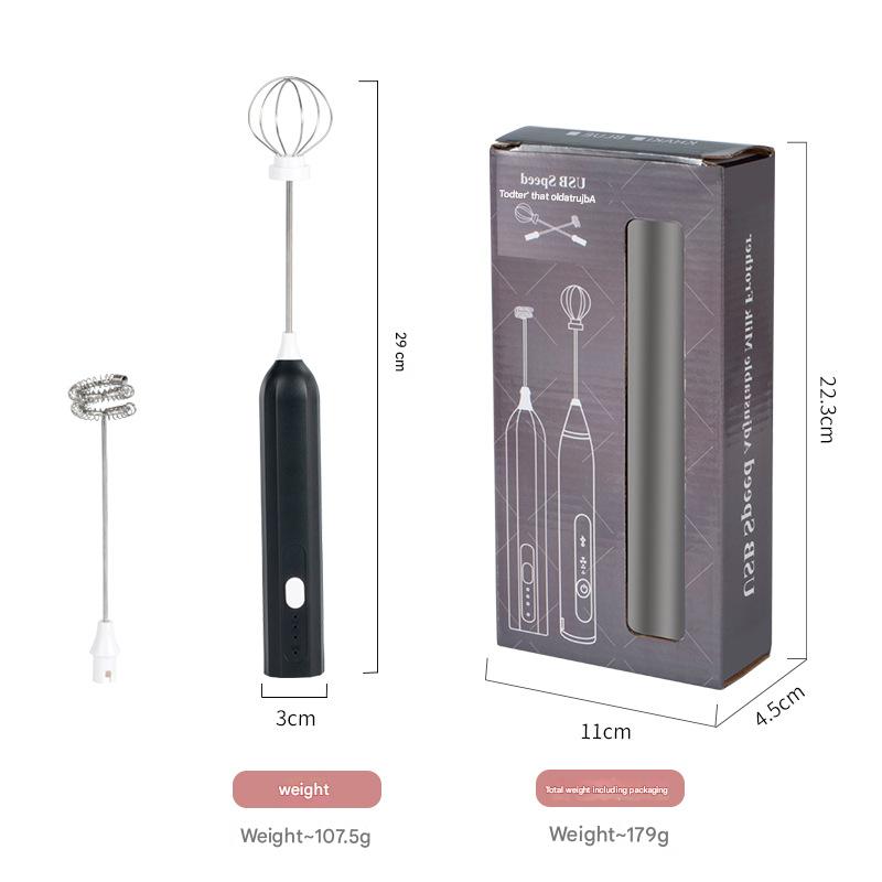 Black Mini Hand Mixer with Frother & Balloon Whisk Heads - Rechargeable Kitchen Tool