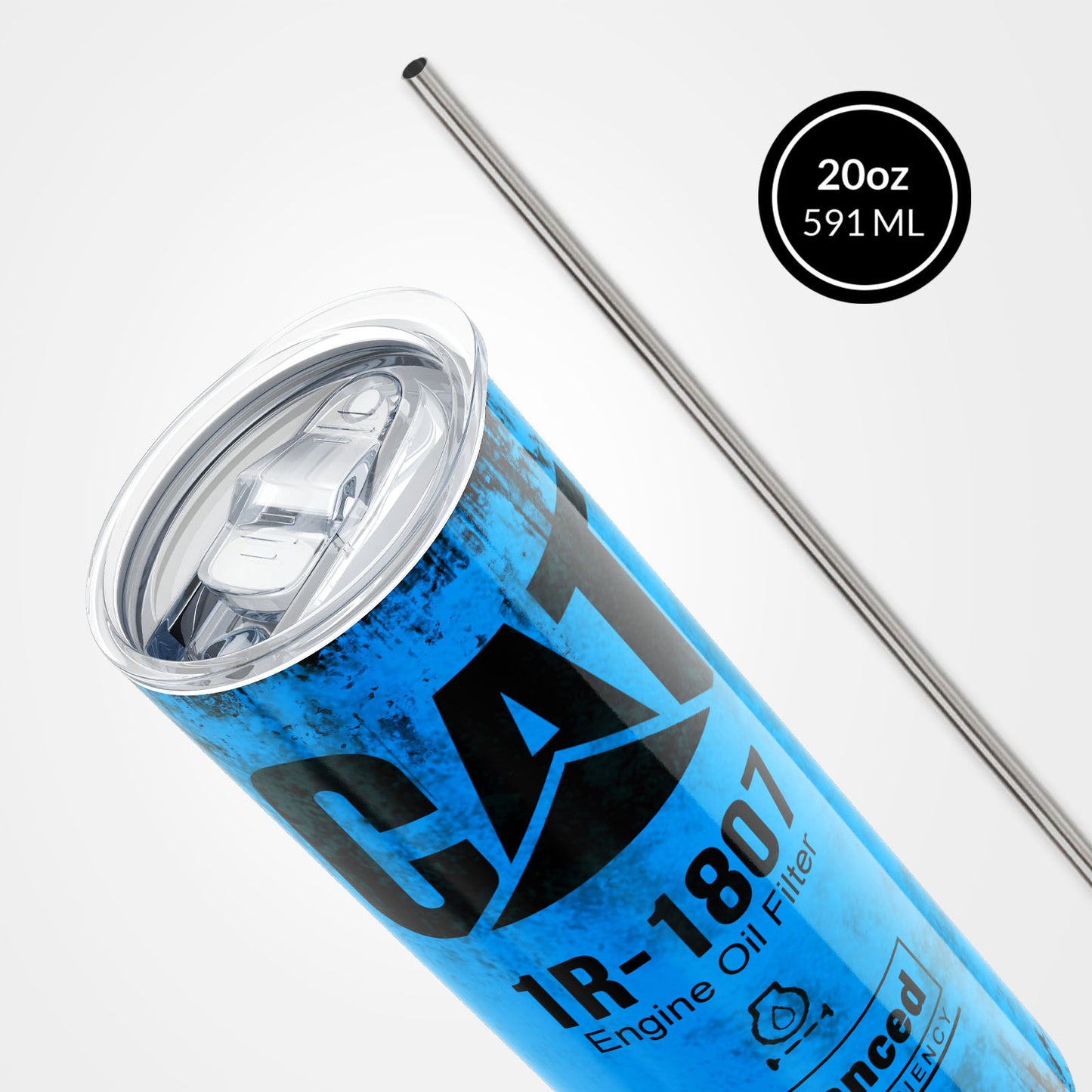 Blue Skinny Tumbler (591ml) - Fun CAT Oil Filter Replica for Construction Fans