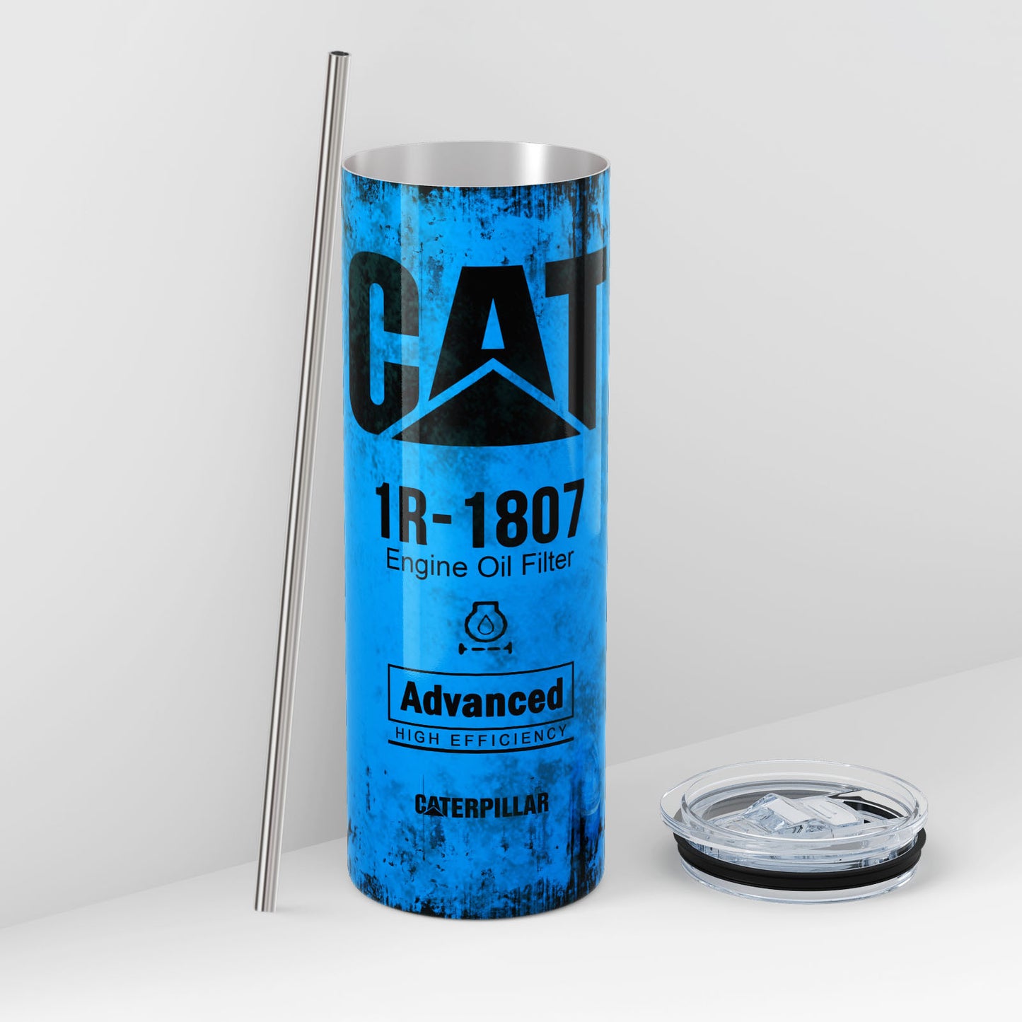 Blue Skinny Tumbler (591ml) - Fun CAT Oil Filter Replica for Construction Fans