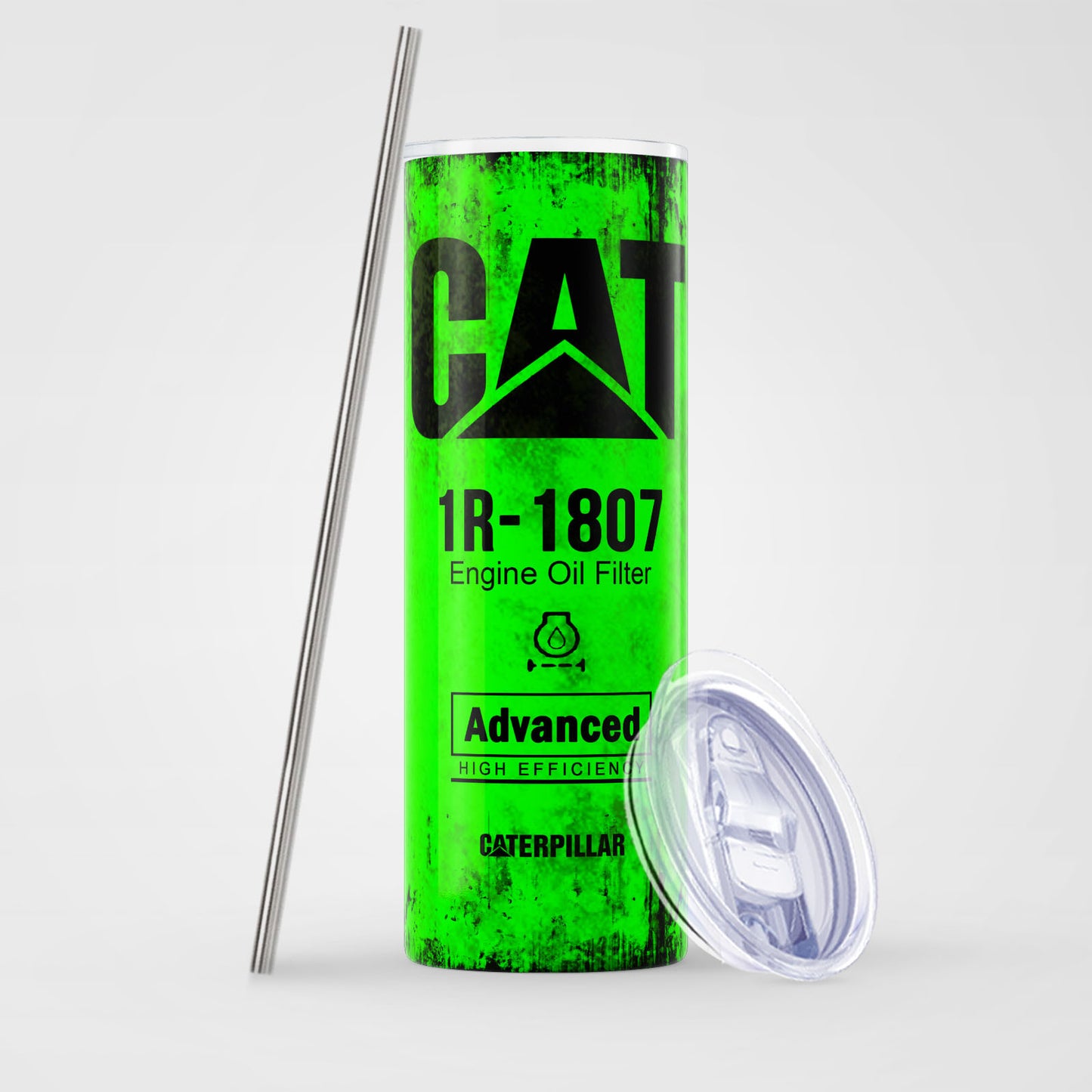 Green Skinny Tumbler (591ml) - Fun CAT Oil Filter Replica for Construction Fans