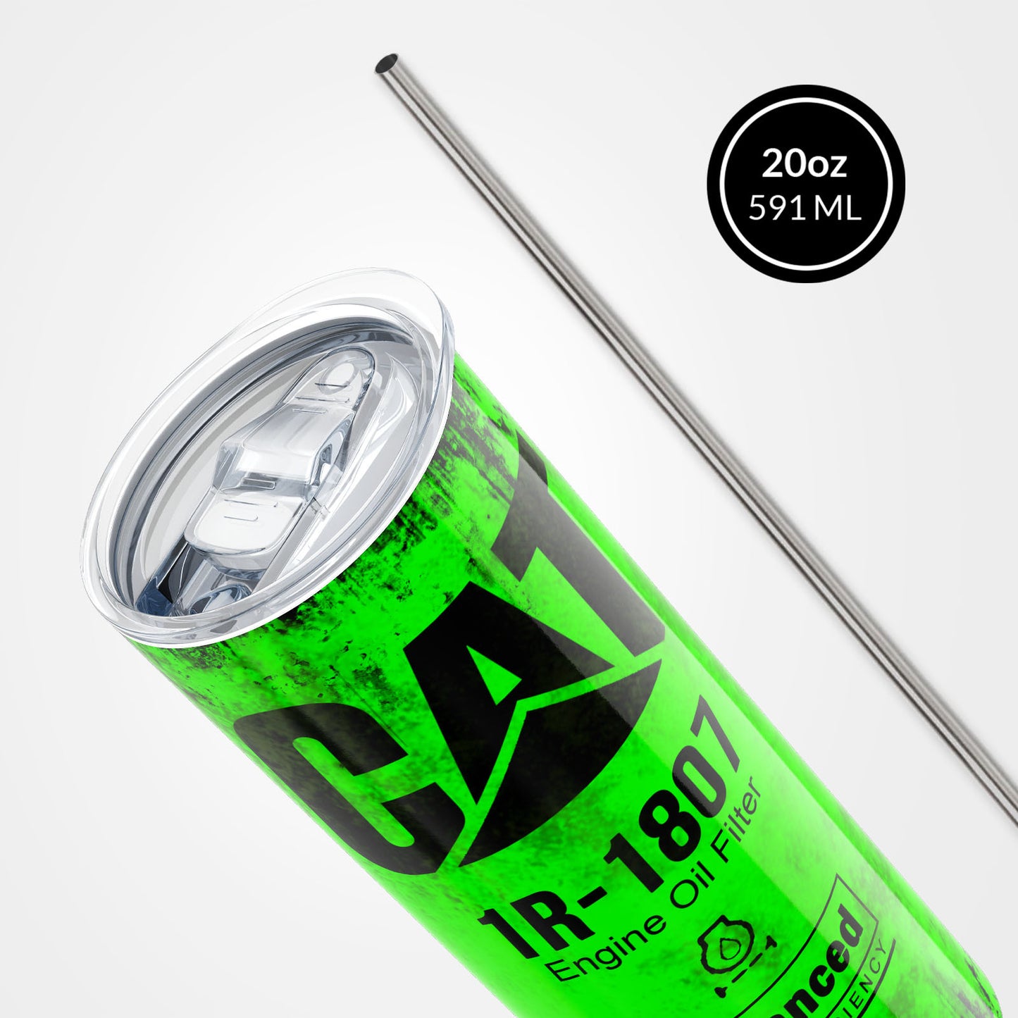 Green Skinny Tumbler (591ml) - Fun CAT Oil Filter Replica for Construction Fans