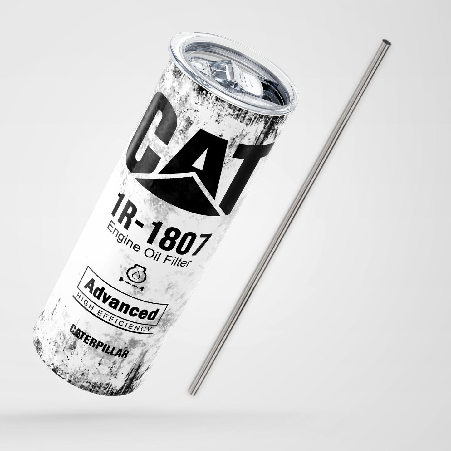 White Skinny Tumbler (591ml) - Fun CAT Oil Filter Replica for Construction Fans