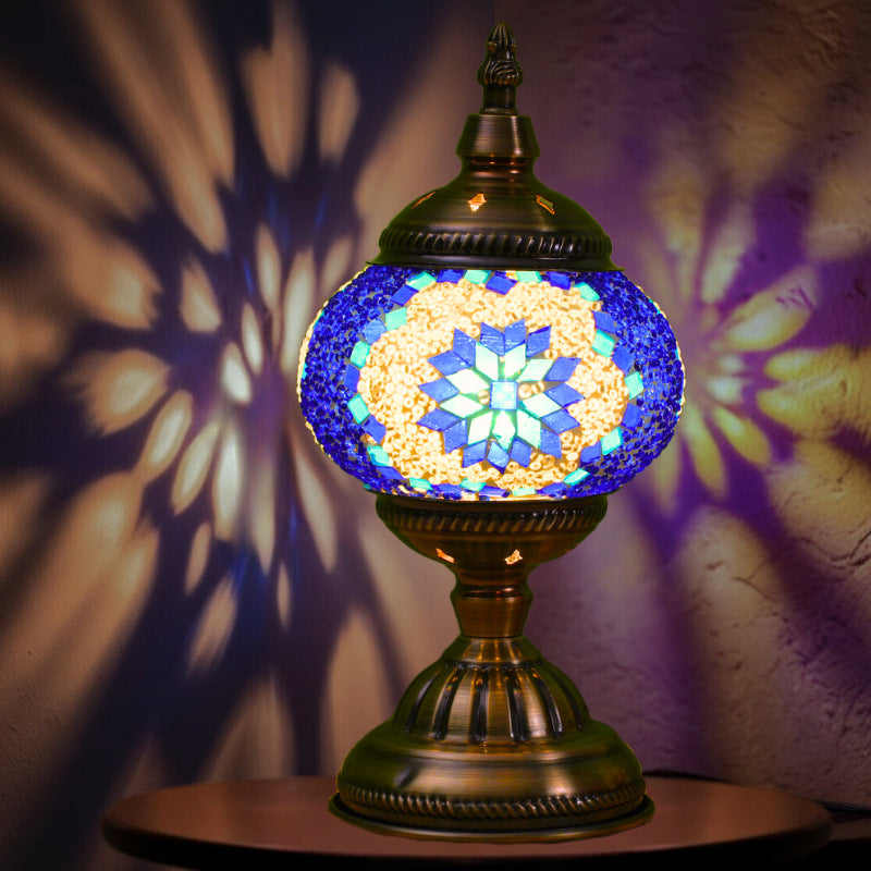 Blue Exotic Mosaic Table Lamp - Handmade Turkish/Moroccan Style, 3-Color LED (Style 1)