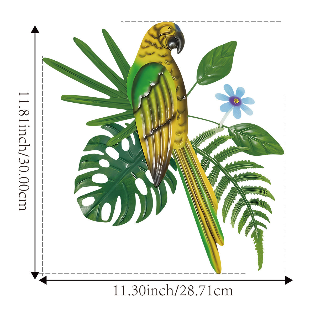 2 Pcs Yellow and Green Colorful Parrot Metal Wall Art - Tropical Leaves & Flower Home Decor Accent