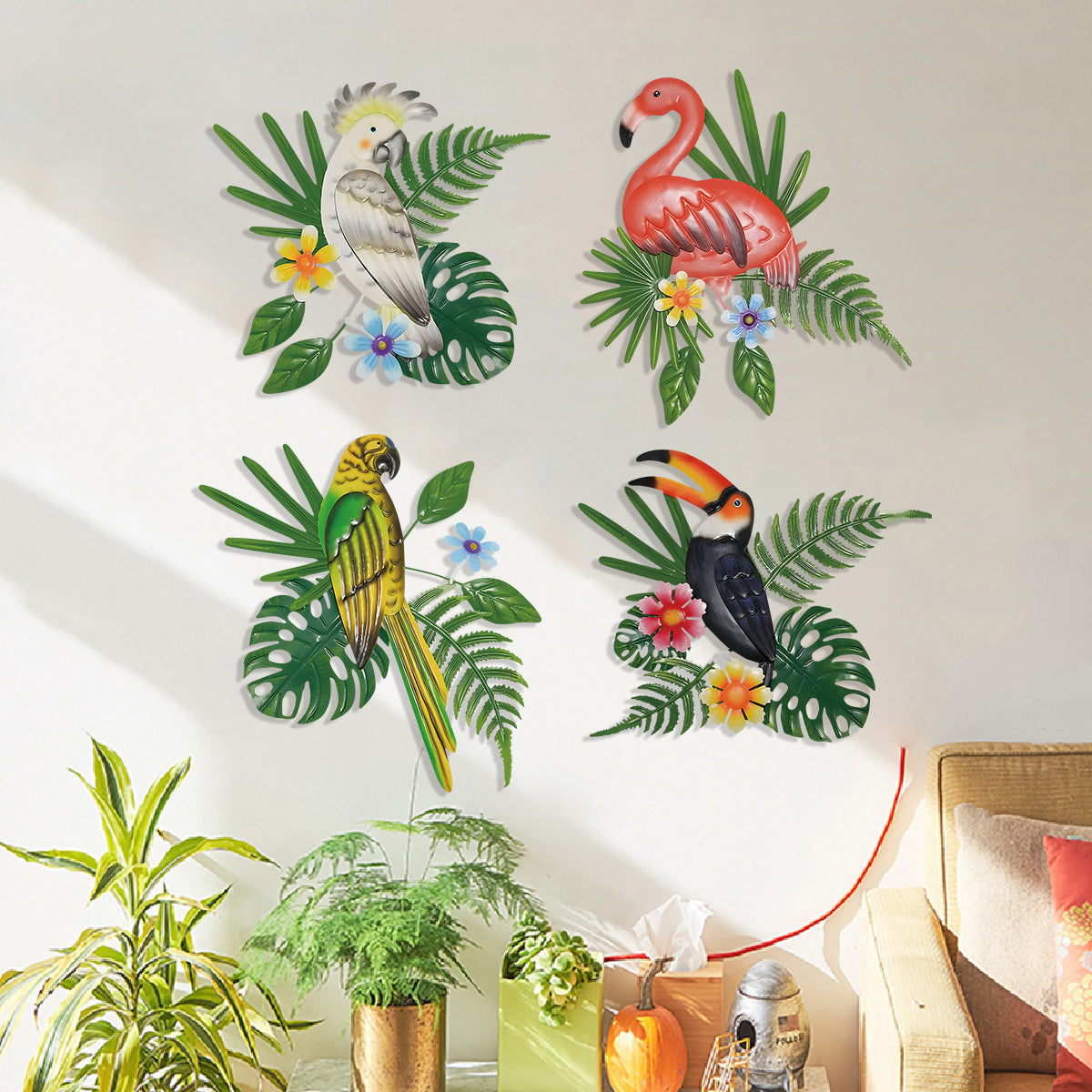 2 Pcs Yellow and Green Colorful Parrot Metal Wall Art - Tropical Leaves & Flower Home Decor Accent