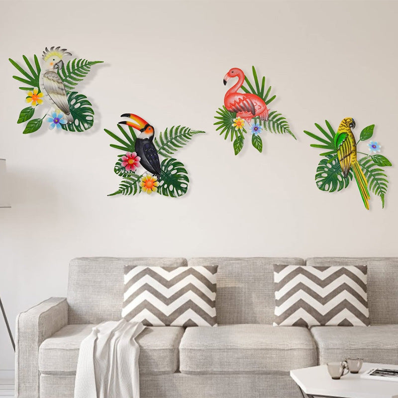 2 Pcs Yellow and Green Colorful Parrot Metal Wall Art - Tropical Leaves & Flower Home Decor Accent