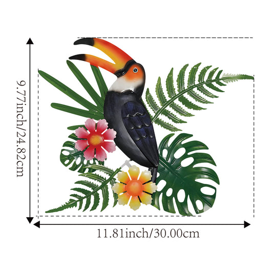 2 Pcs Black and Green Tropical Toucan Metal Wall Art - Colorful Bird & Leaves Indoor/Outdoor Decor