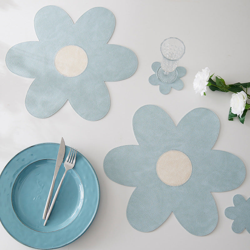 White Background With Yellow Heart + Blue Heart Set of 6 Reversible Flower Shaped Placemats - Waterproof PU Leather Dining Table Mats