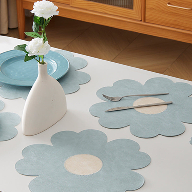 White Background With Yellow Heart + Blue Heart Set of 6 Reversible Flower Shaped Placemats - Waterproof PU Leather Dining Table Mats