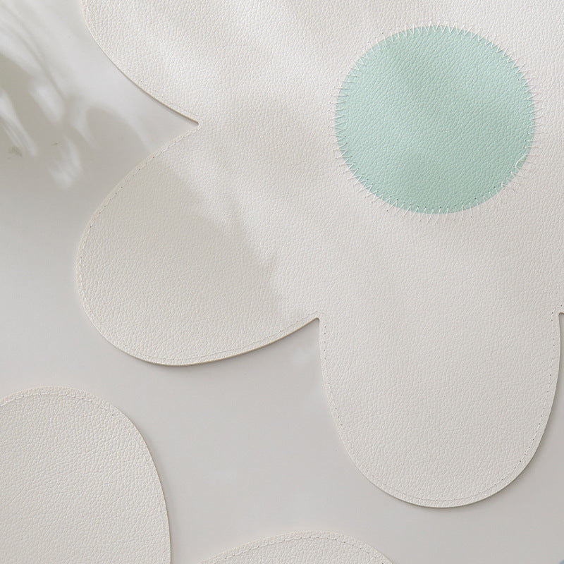 White Background With Yellow Heart + Blue Heart Set of 6 Reversible Flower Shaped Placemats - Waterproof PU Leather Dining Table Mats