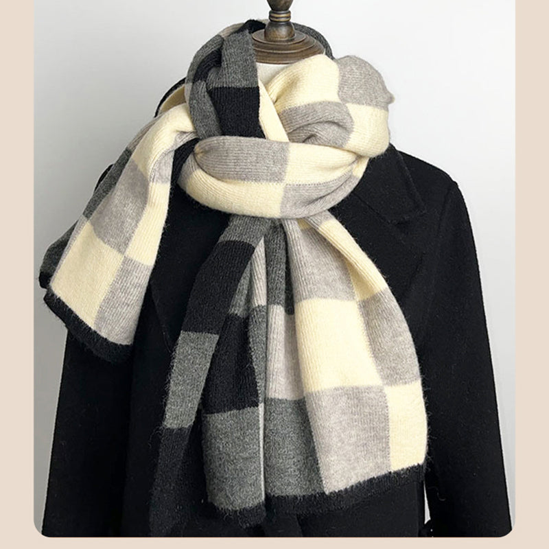 Black,Grey And Beige Unisex Retro Checkered Knit Scarf - Soft Thick Winter Shawl Wrap