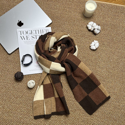 Coffee,Brown And Beige Unisex Retro Checkered Knit Scarf - Soft Thick Winter Shawl Wrap