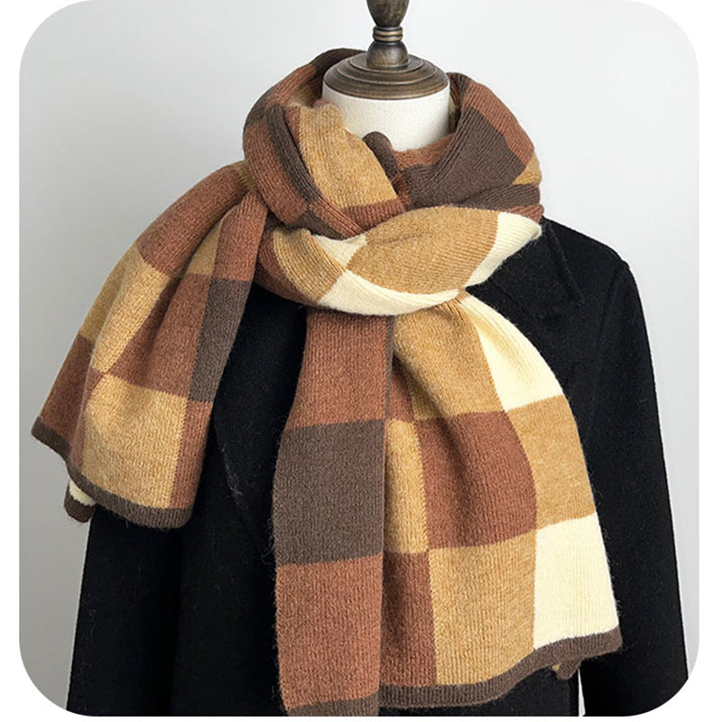 Coffee,Brown And Beige Unisex Retro Checkered Knit Scarf - Soft Thick Winter Shawl Wrap