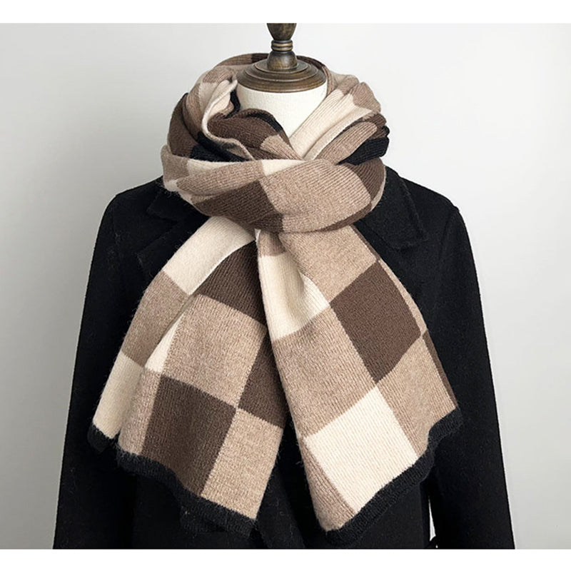 Coffee,Brown And Beige Unisex Retro Checkered Knit Scarf - Soft Thick Winter Shawl Wrap