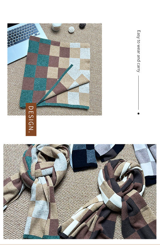 Coffee,Brown And Beige Unisex Retro Checkered Knit Scarf - Soft Thick Winter Shawl Wrap