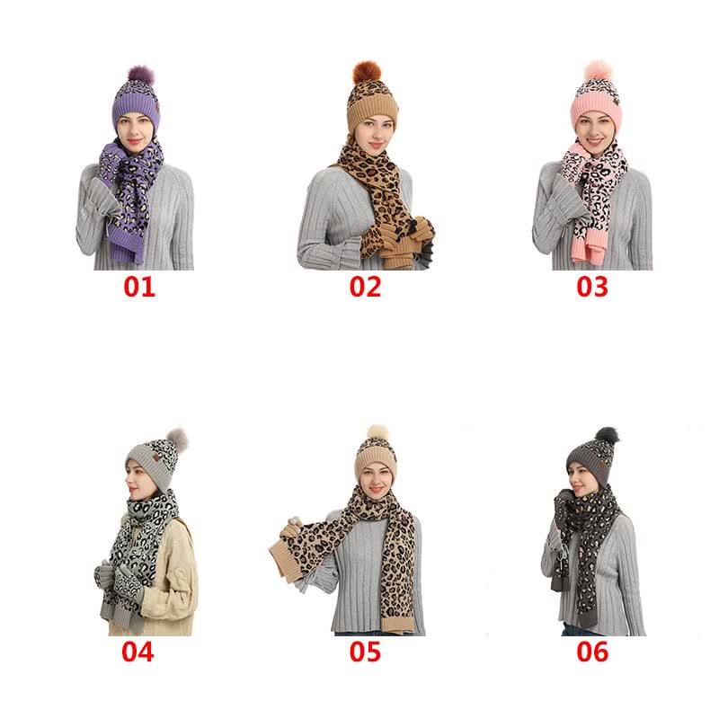 Dark Grey Women's 3-Piece Winter Knit Set - Leopard Print Plush Lined Beanie Hat, Scarf & Touchscreen Gloves
