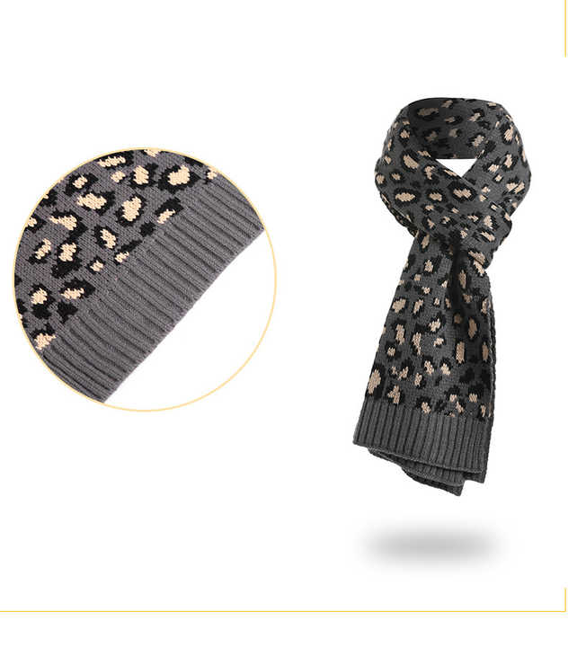 Dark Grey Women's 3-Piece Winter Knit Set - Leopard Print Plush Lined Beanie Hat, Scarf & Touchscreen Gloves