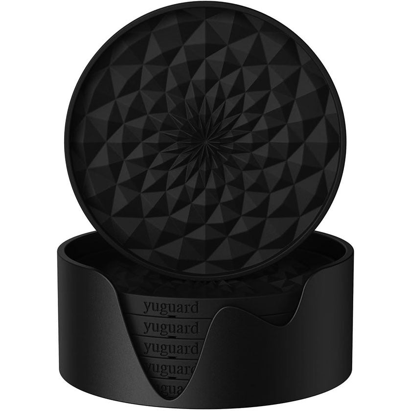 Black Geometric Silicone Drink Coasters Set (6 Pack) with Holder - Non-Slip Table Protectors