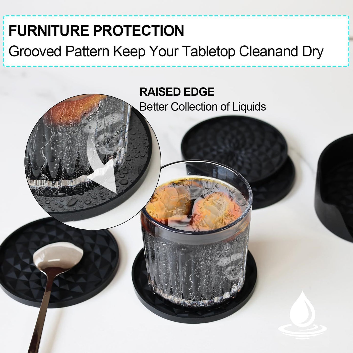 Black Geometric Silicone Drink Coasters Set (6 Pack) with Holder - Non-Slip Table Protectors