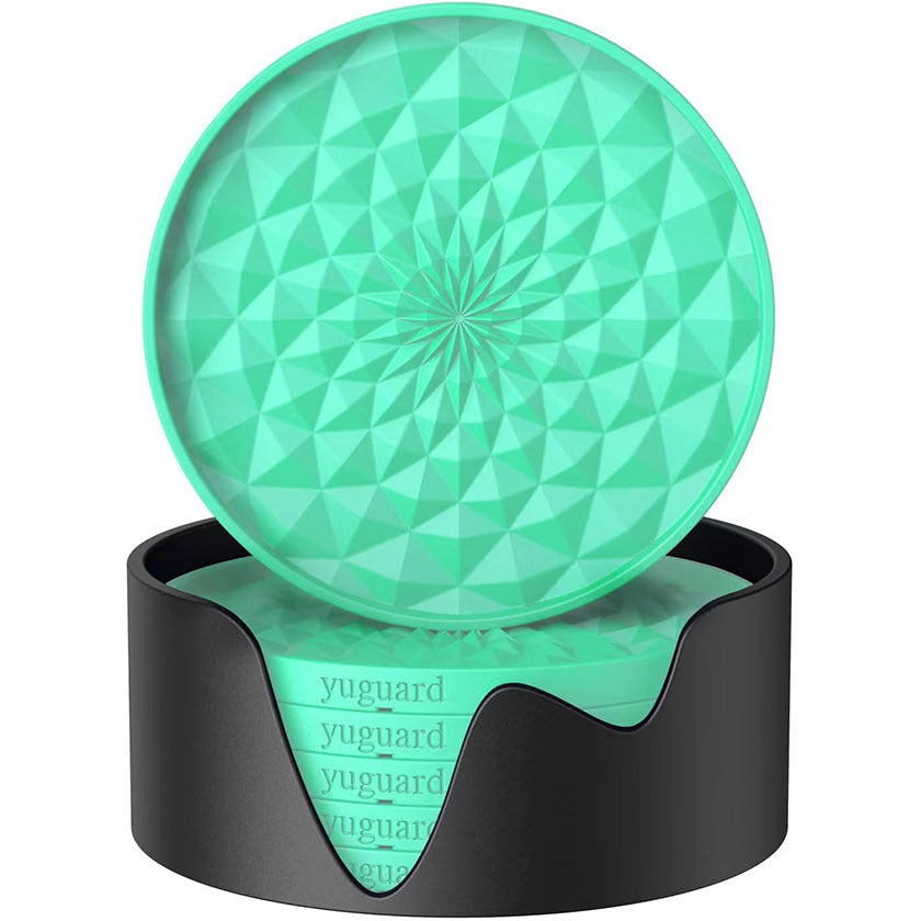Green and Black Geometric Silicone Drink Coasters Set (6 Pack) with Holder - Non-Slip Table Protectors