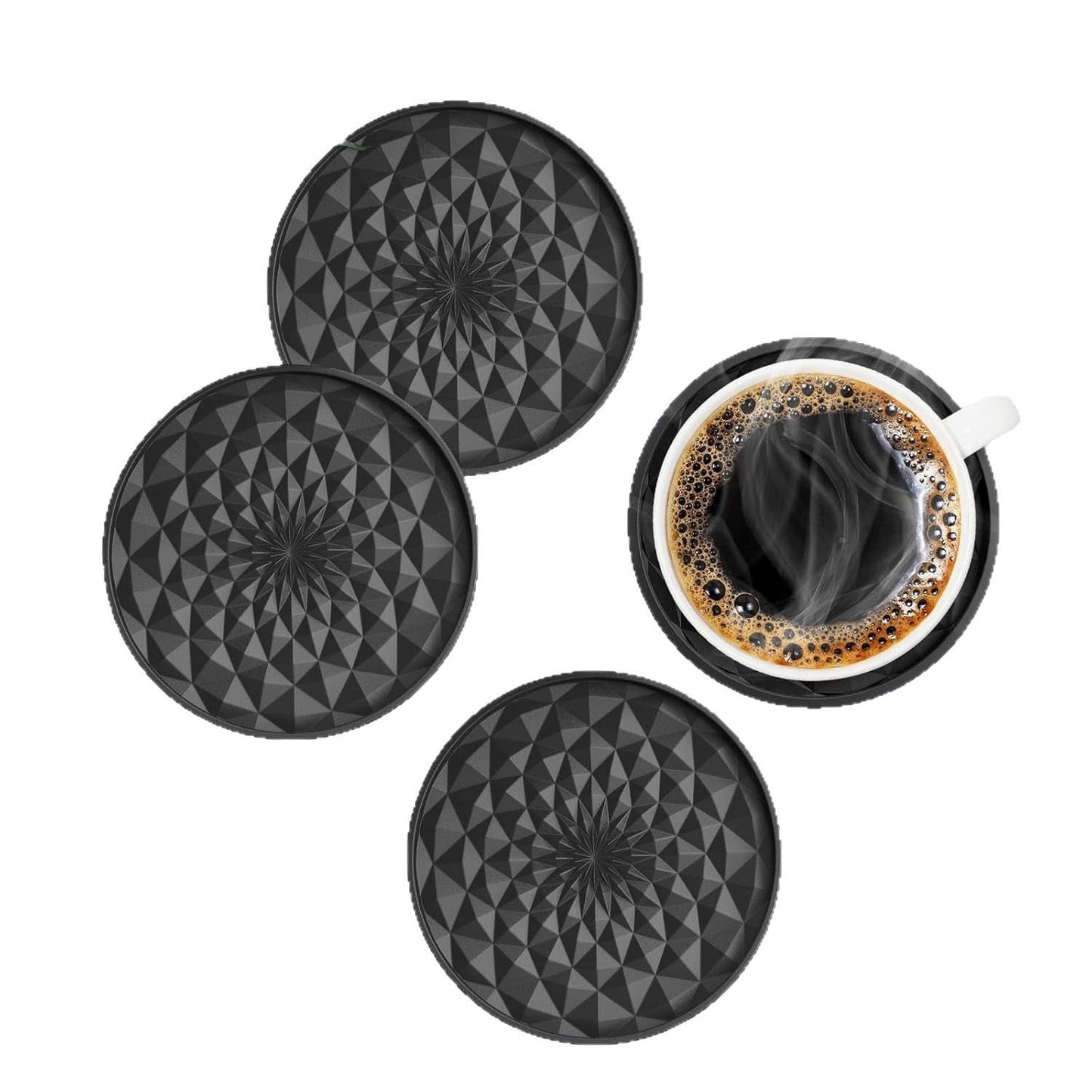Dark Blue and Black Geometric Silicone Drink Coasters Set (6 Pack) with Holder - Non-Slip Table Protectors